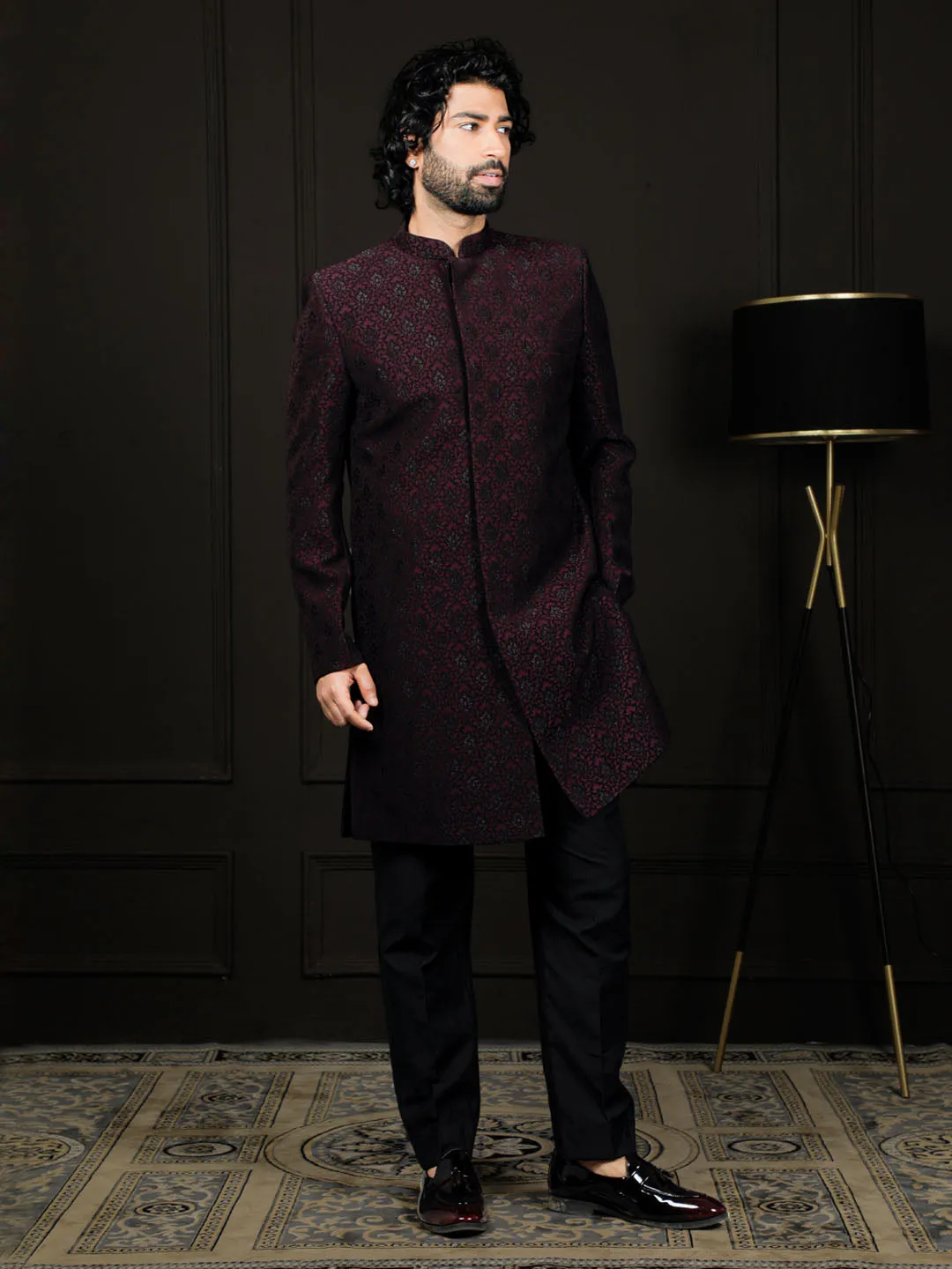 Jashvi Men's Wine Silk Blend Sherwani Only Top