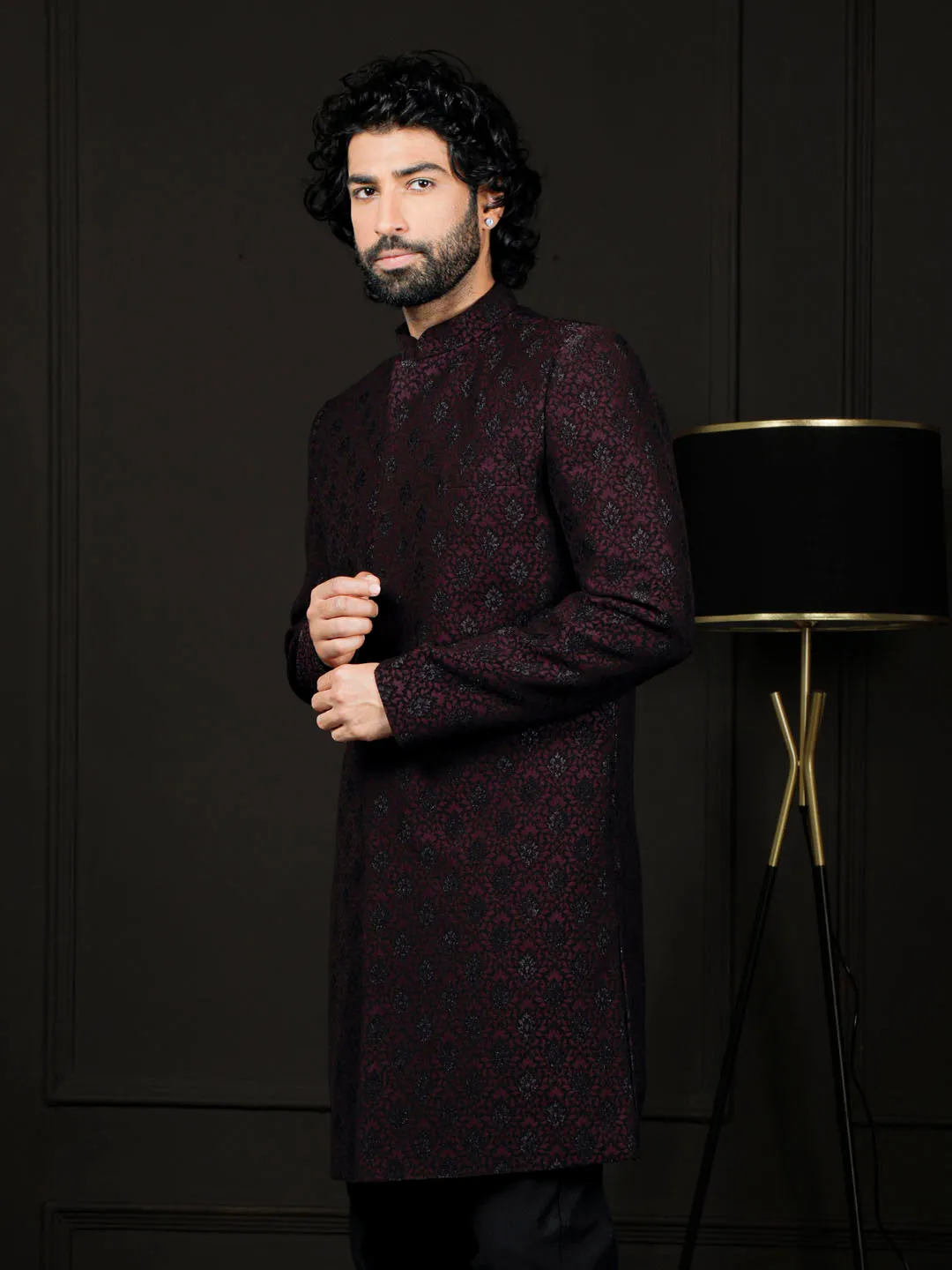 Jashvi Men's Wine Silk Blend Sherwani Only Top