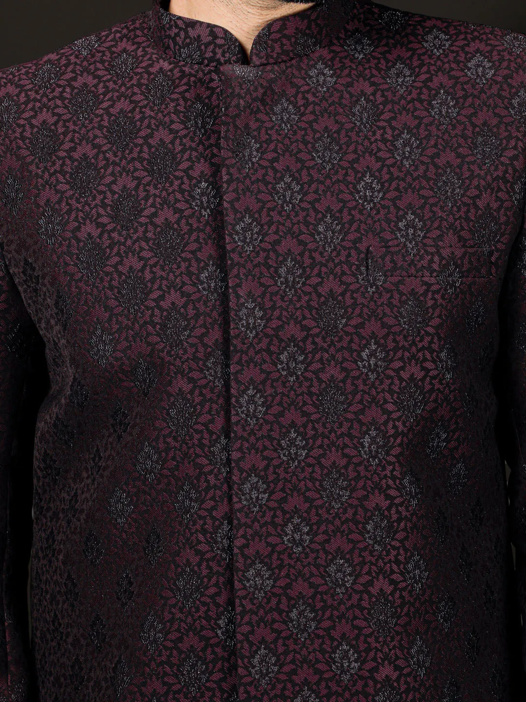 Jashvi Men's Wine Silk Blend Sherwani Only Top