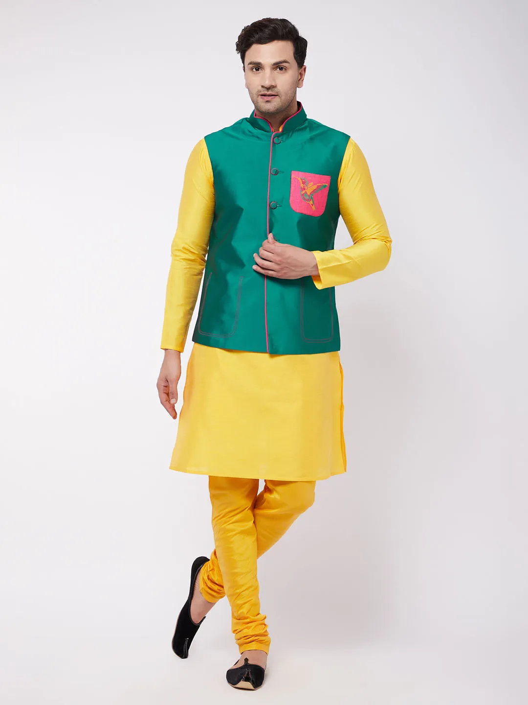 Jashvi Men's Yellow Silk Blend Kurta And Pyjama With Green Embroidered Nehru Jacket