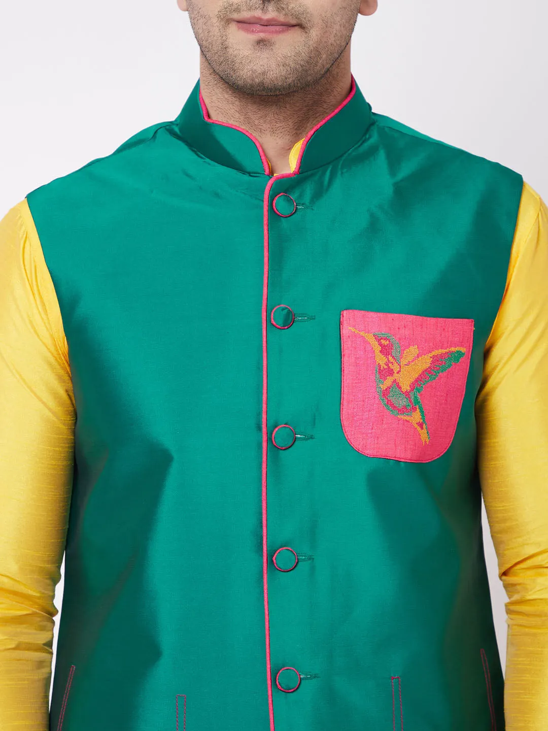 Jashvi Men's Yellow Silk Blend Kurta And Pyjama With Green Embroidered Nehru Jacket