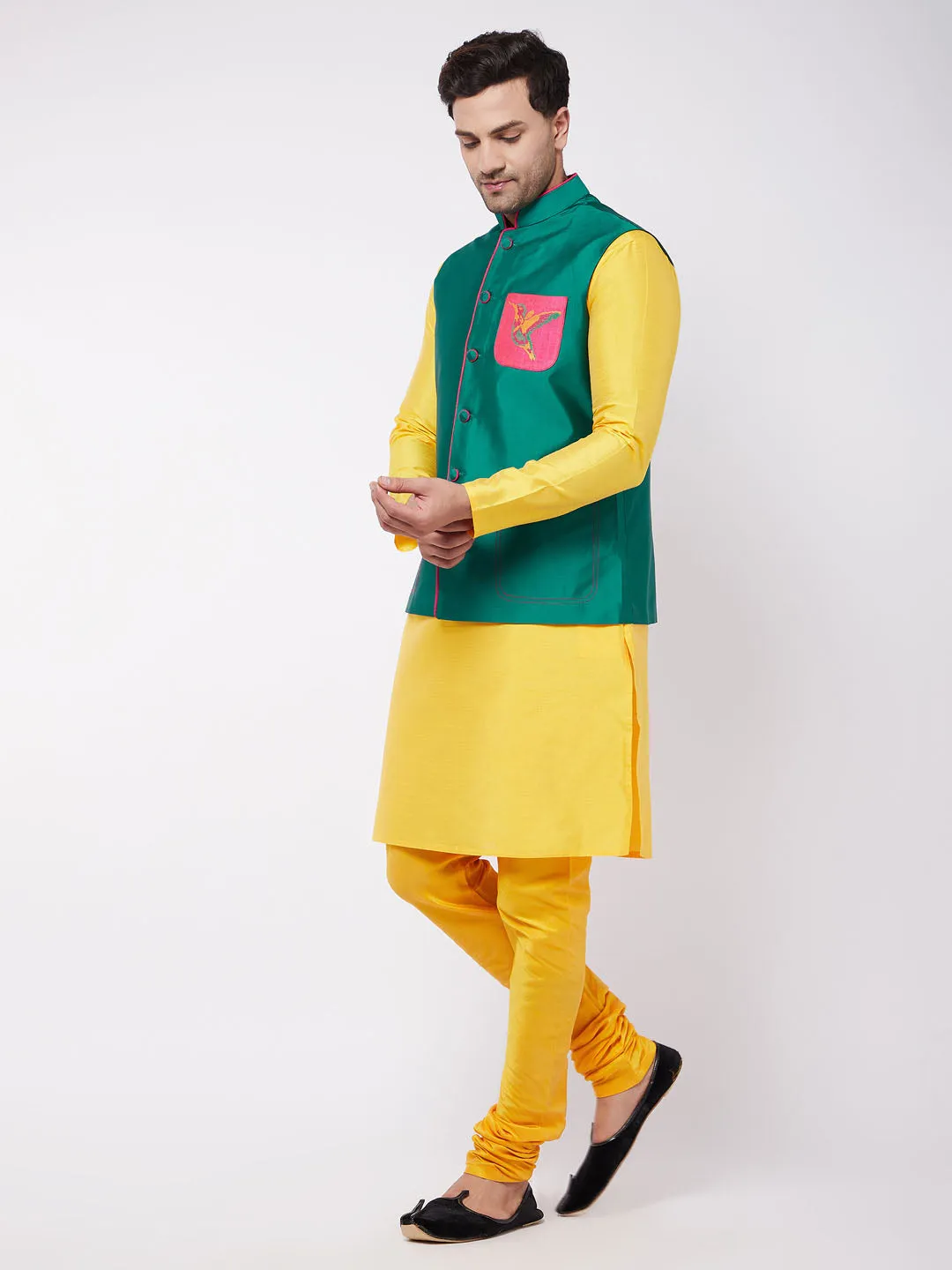 Jashvi Men's Yellow Silk Blend Kurta And Pyjama With Green Embroidered Nehru Jacket