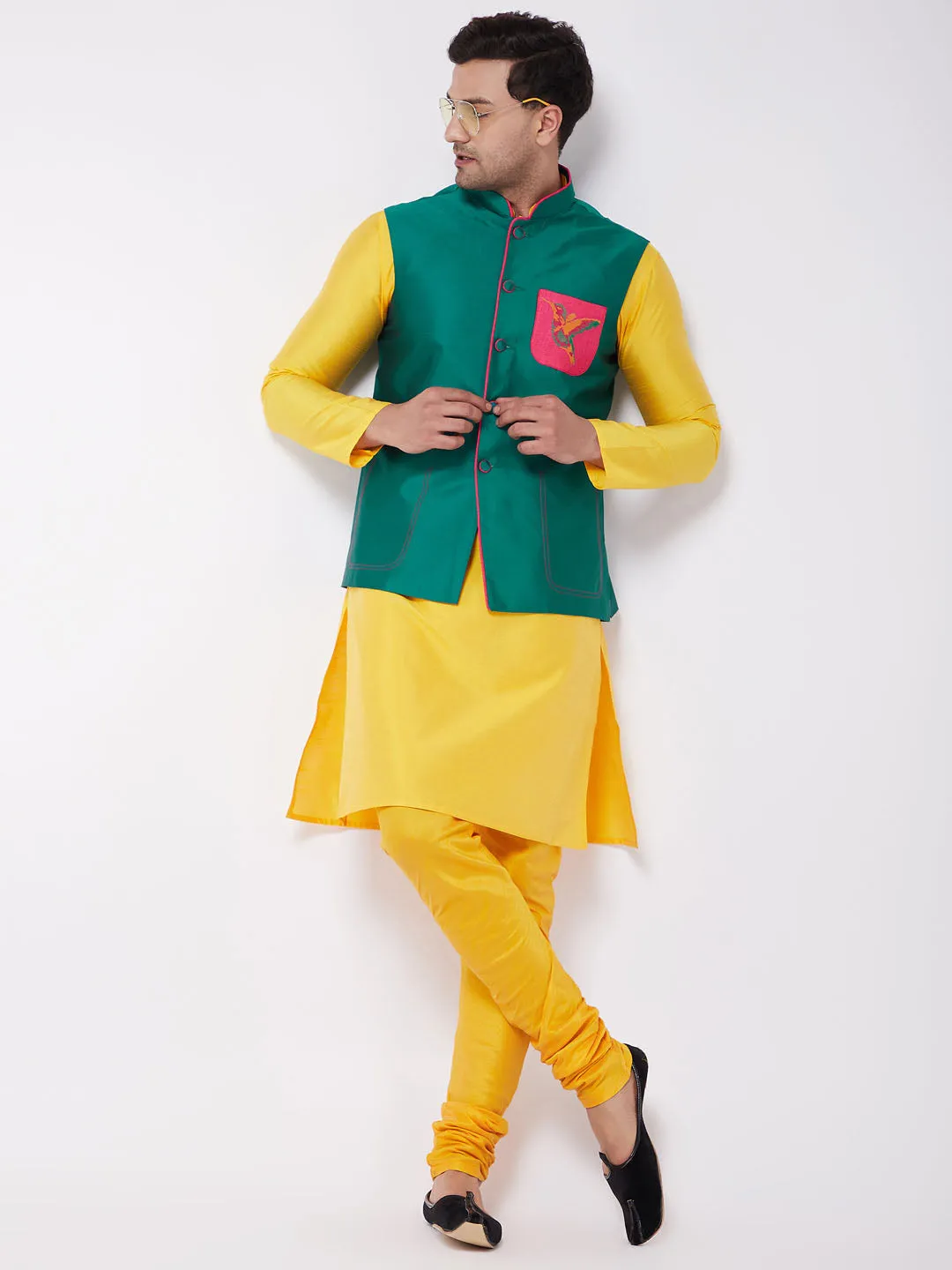 Jashvi Men's Yellow Silk Blend Kurta And Pyjama With Green Embroidered Nehru Jacket