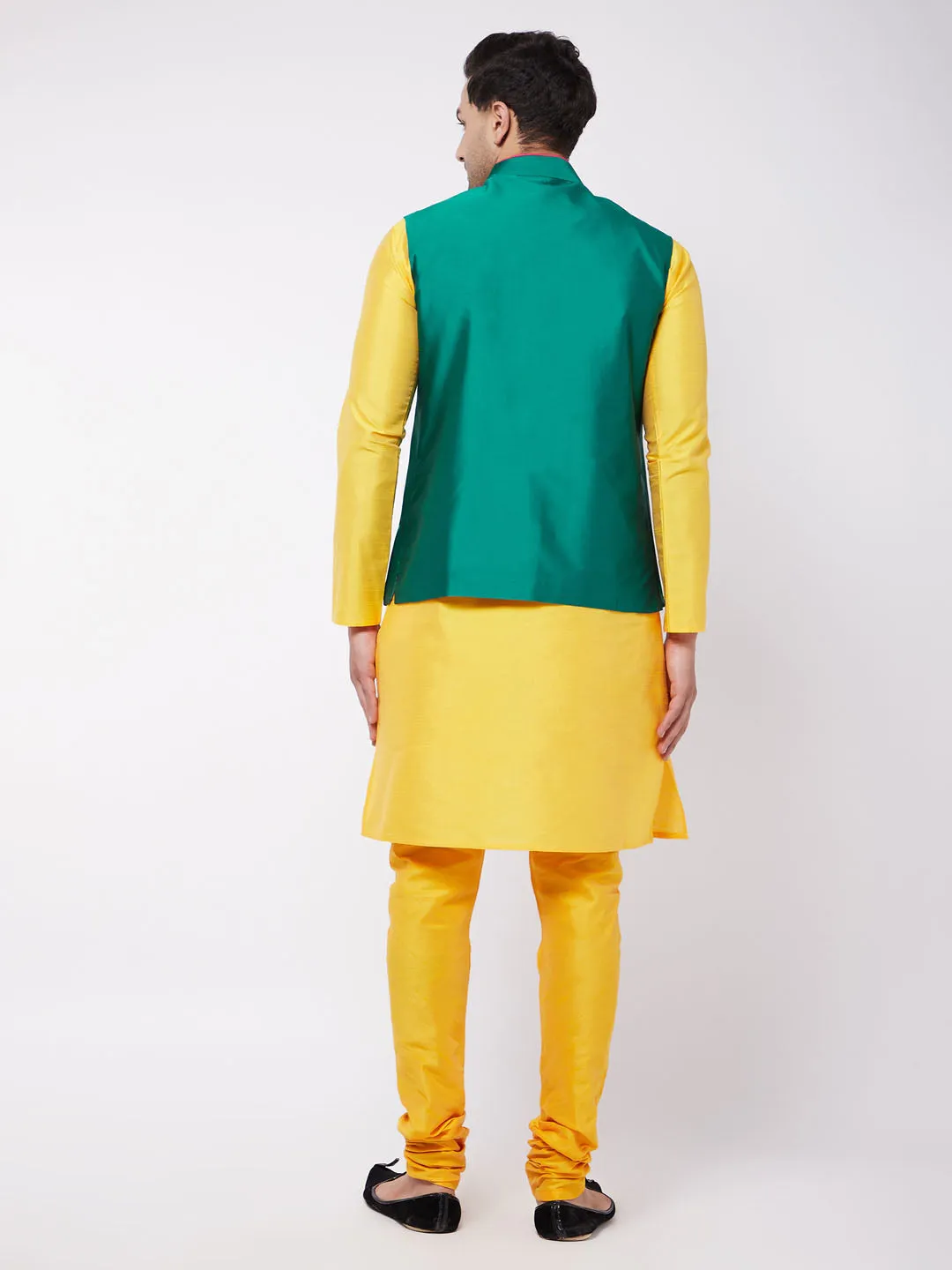 Jashvi Men's Yellow Silk Blend Kurta And Pyjama With Green Embroidered Nehru Jacket