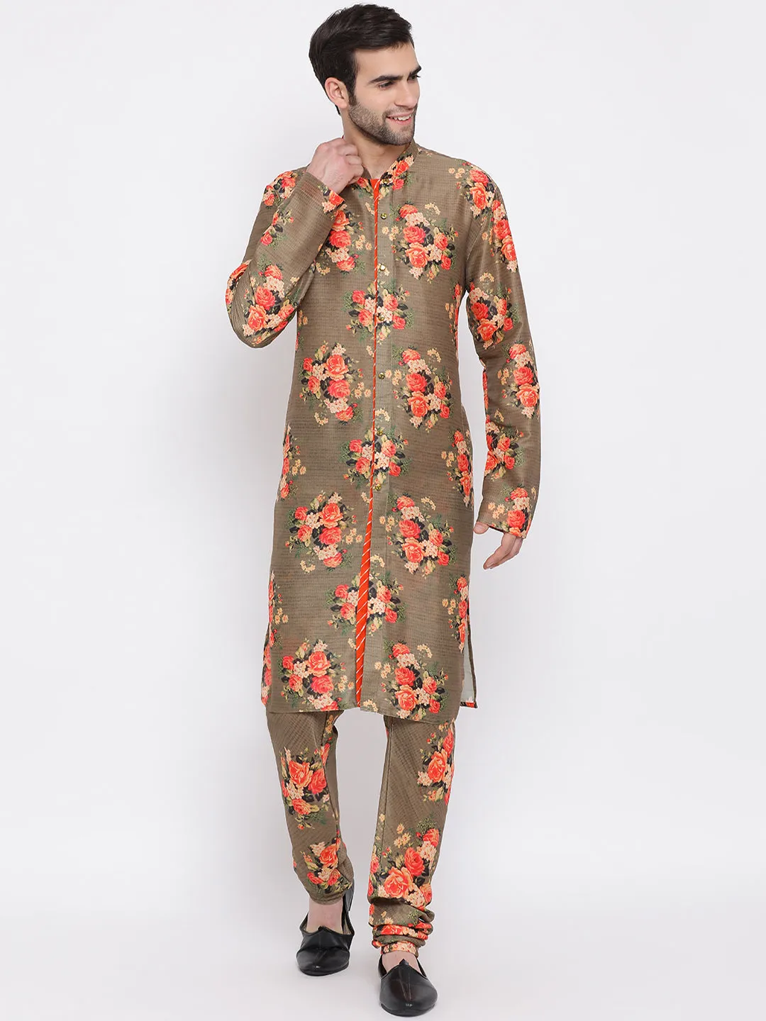 Jashvi Multicolored-Base-Chiku Baap Beta Jacket Kurta Pyjama set