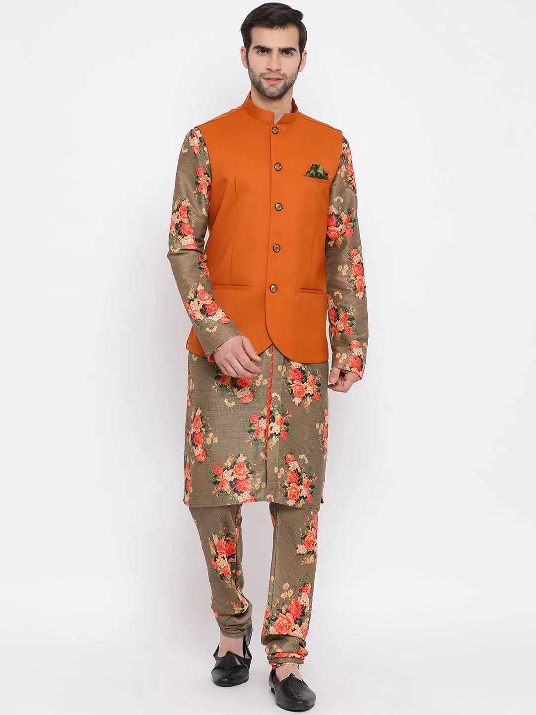 Jashvi Multicolored-Base-Chiku Baap Beta Jacket Kurta Pyjama set