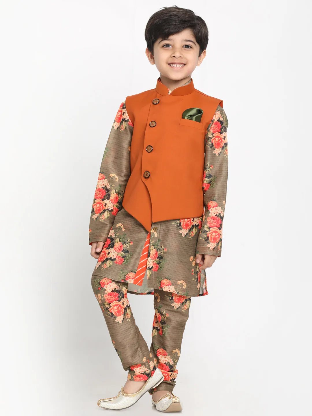 Jashvi Multicolored-Base-Chiku Baap Beta Jacket Kurta Pyjama set