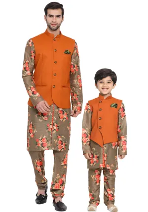 Jashvi Multicolored-Base-Chiku Baap Beta Jacket Kurta Pyjama set