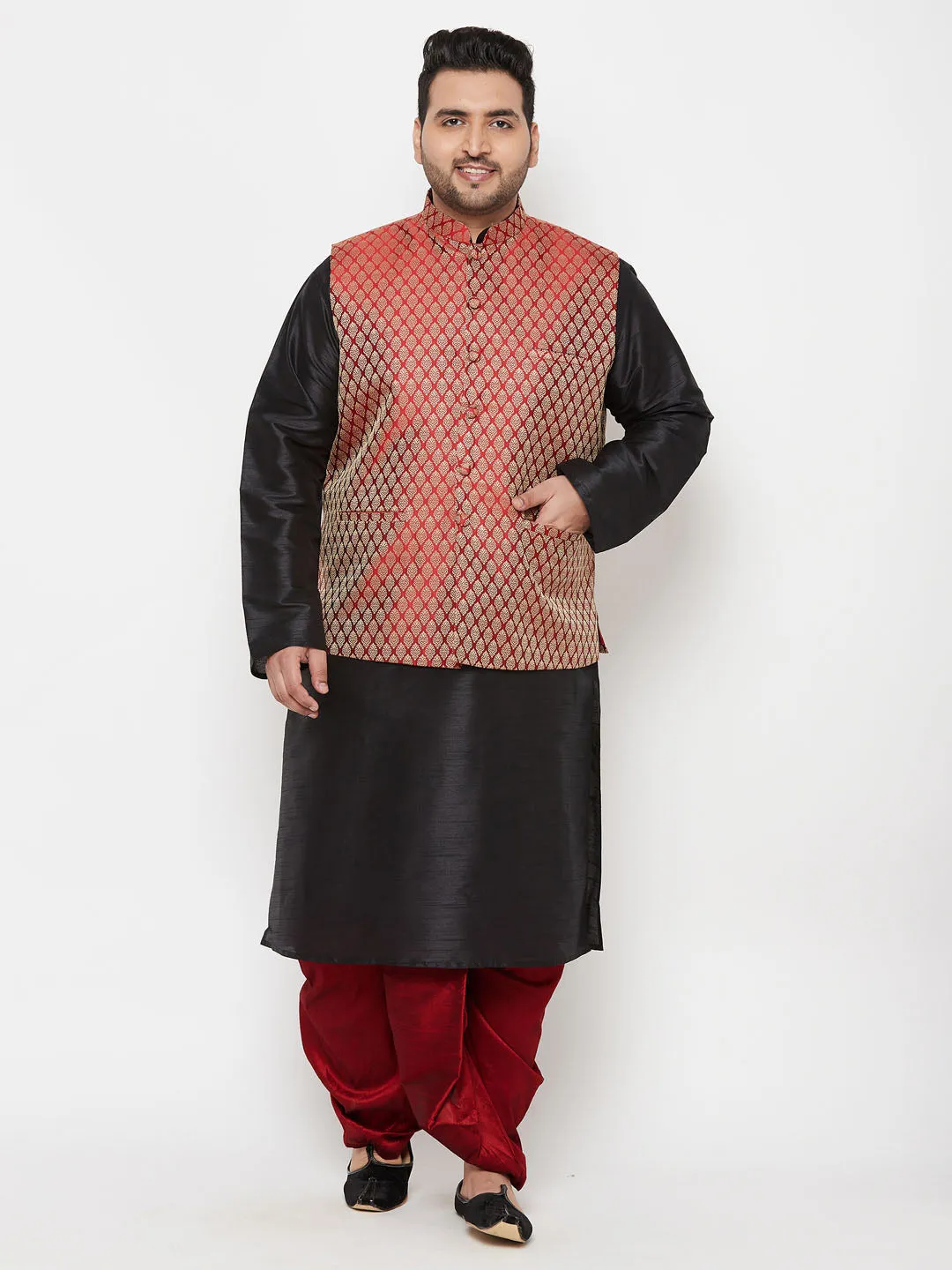 Jashvi PLUS Men's Maroon Nehru Jacket With Black Kurta And Maroon Dhoti Set