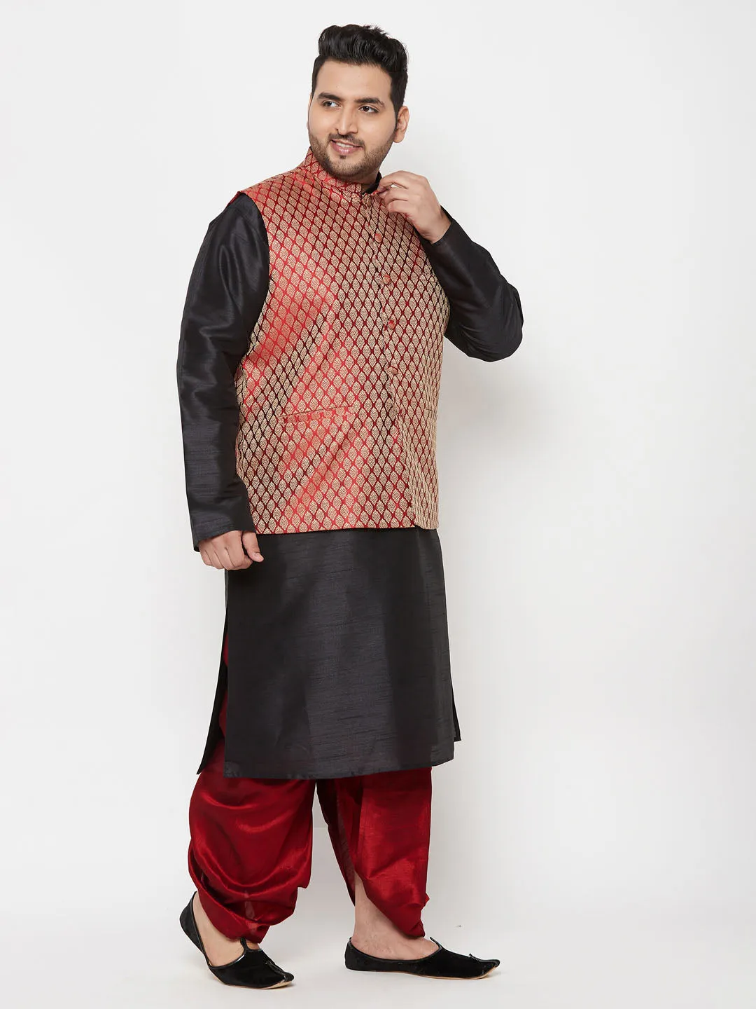 Jashvi PLUS Men's Maroon Nehru Jacket With Black Kurta And Maroon Dhoti Set