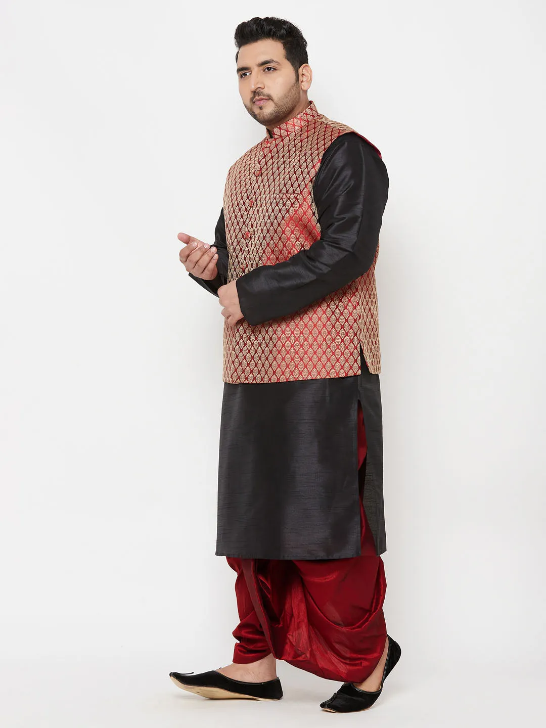 Jashvi PLUS Men's Maroon Nehru Jacket With Black Kurta And Maroon Dhoti Set