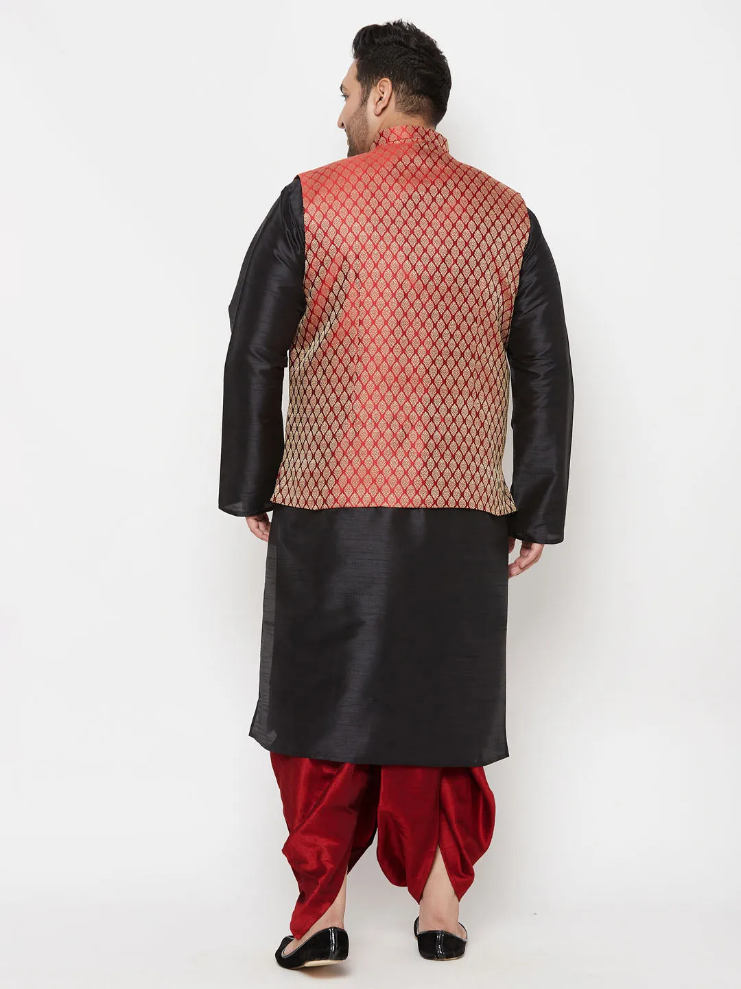 Jashvi PLUS Men's Maroon Nehru Jacket With Black Kurta And Maroon Dhoti Set