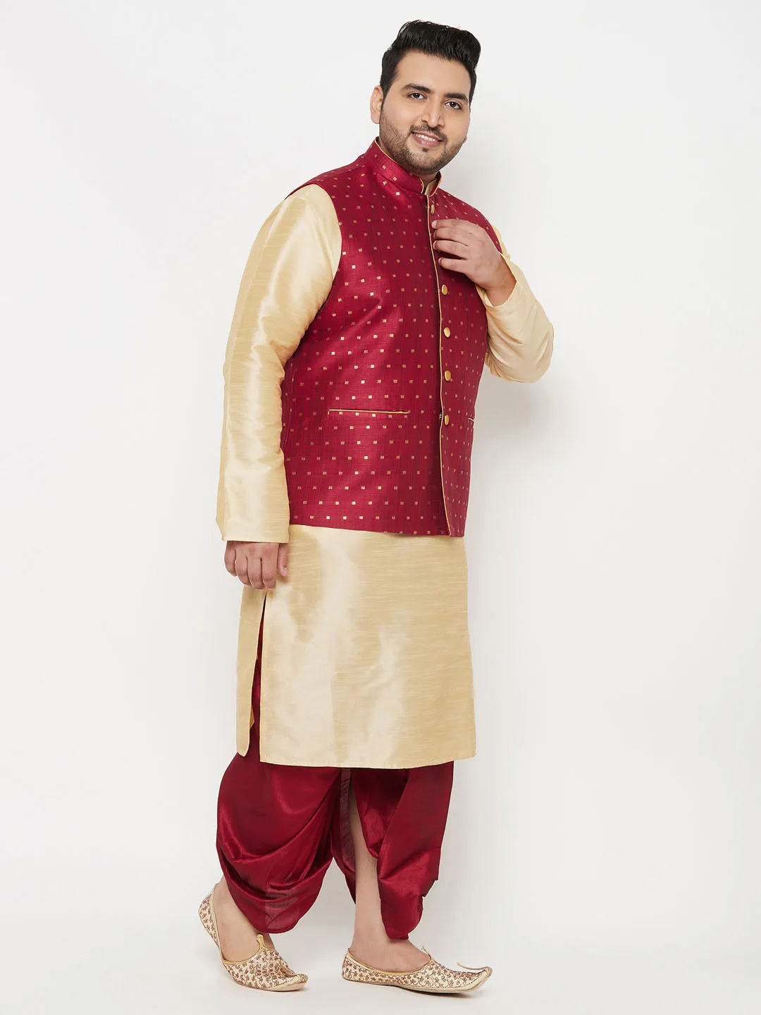 Jashvi PLUS Men's Maroon Zari Weaved Nehru Jacket With Kurta Dhoti set