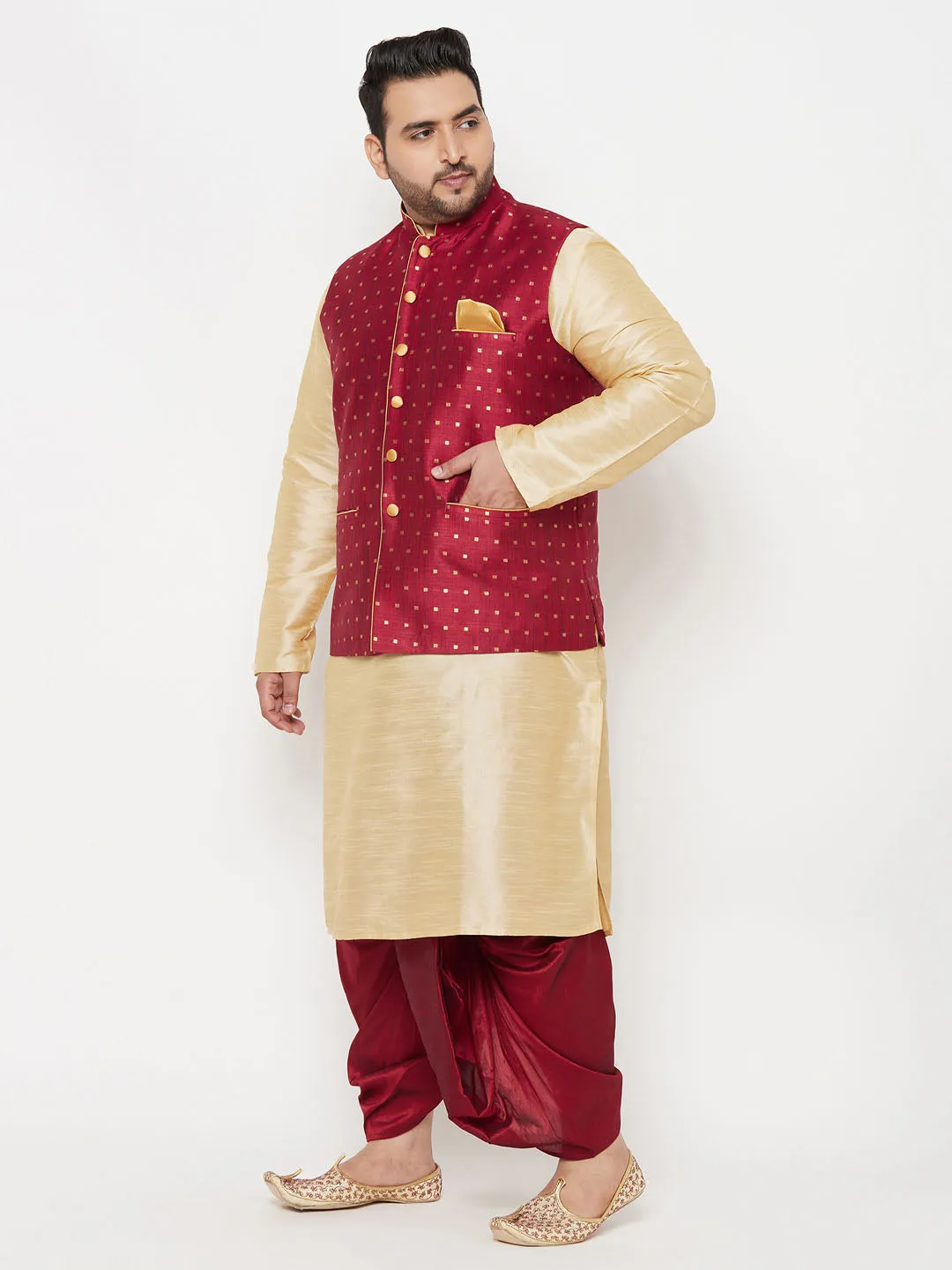 Jashvi PLUS Men's Maroon Zari Weaved Nehru Jacket With Kurta Dhoti set