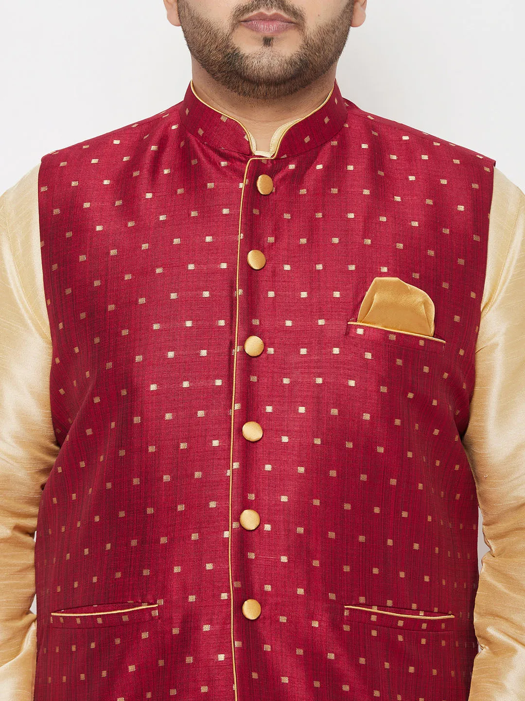 Jashvi PLUS Men's Maroon Zari Weaved Nehru Jacket With Kurta Dhoti set