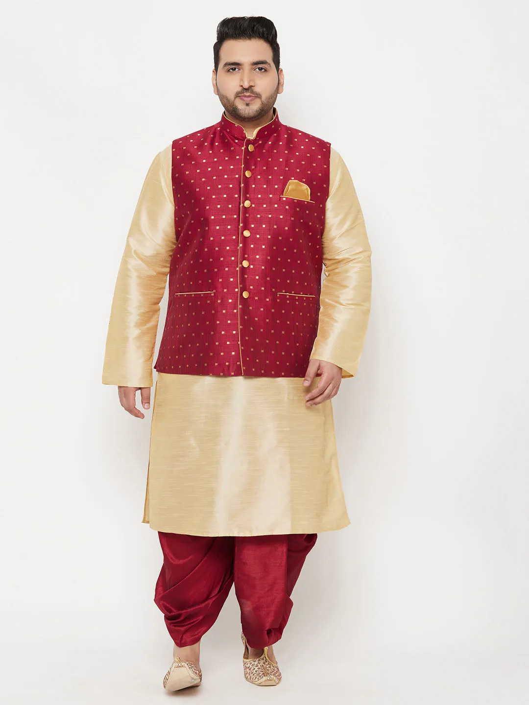 Jashvi PLUS Men's Maroon Zari Weaved Nehru Jacket With Kurta Dhoti set