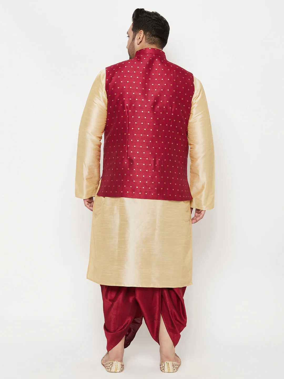 Jashvi PLUS Men's Maroon Zari Weaved Nehru Jacket With Kurta Dhoti set