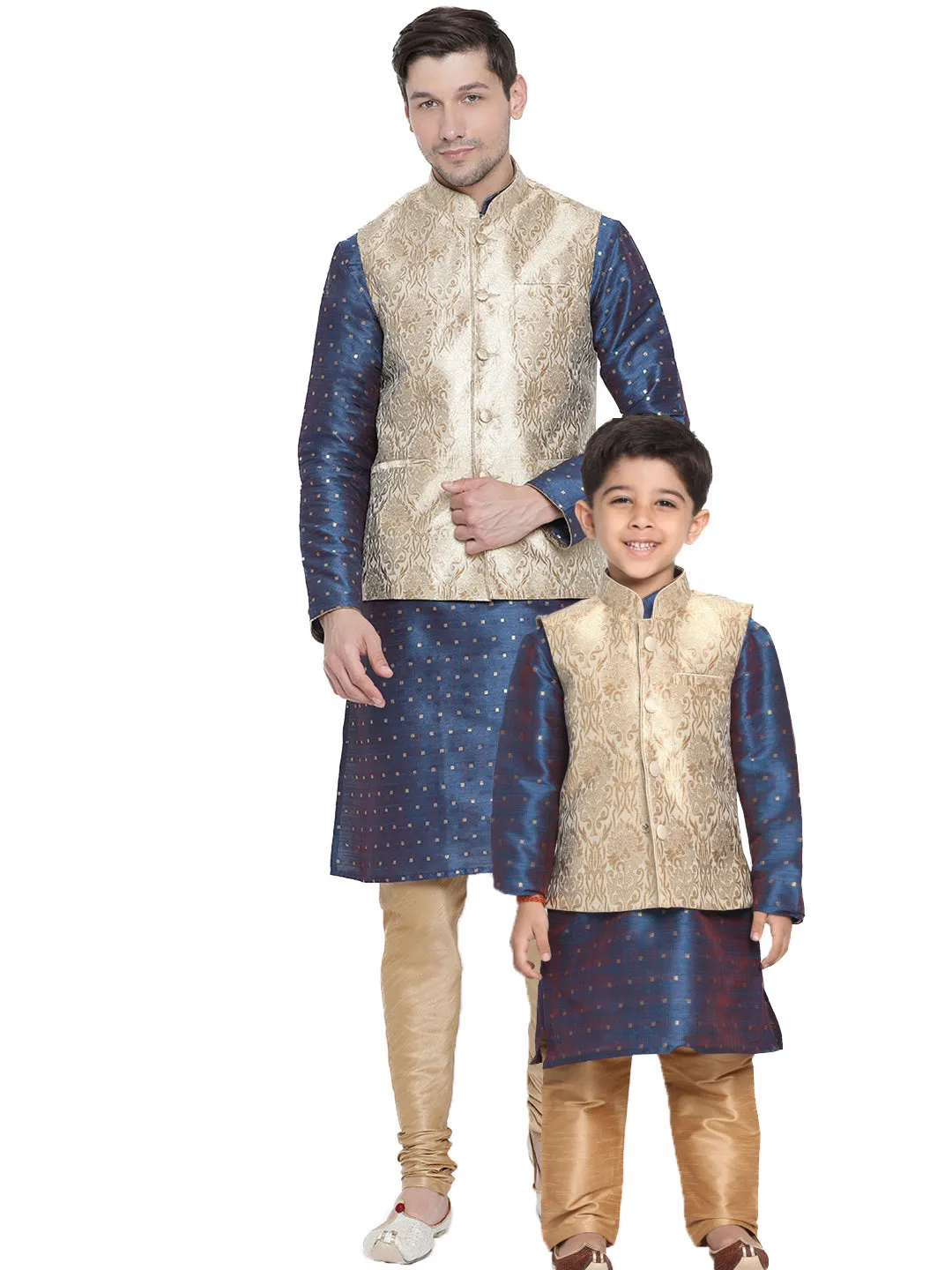 Jashvi Silk Blend Rose Gold and Blue Baap Beta Jacket Kurta Pyjama set