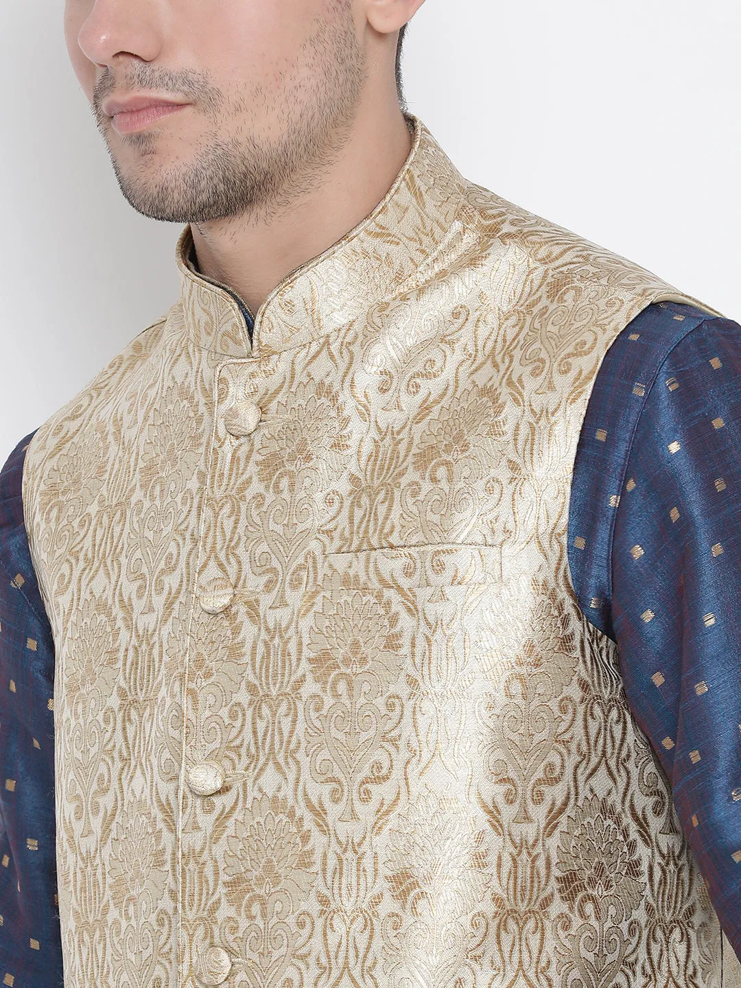 Jashvi Silk Blend Rose Gold and Blue Baap Beta Jacket Kurta Pyjama set