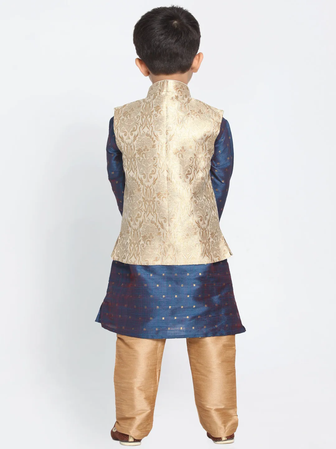 Jashvi Silk Blend Rose Gold and Blue Baap Beta Jacket Kurta Pyjama set