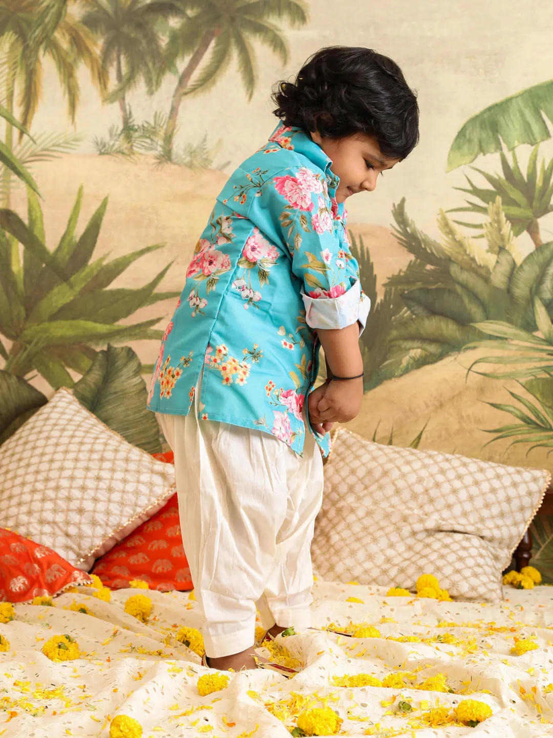 Jashvi SISHU Boy's Aqua Floral Printed Kurta Patiala Set