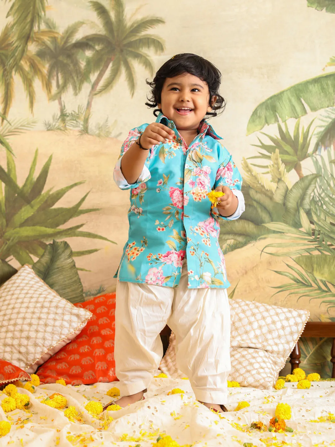 Jashvi SISHU Boy's Aqua Floral Printed Kurta Patiala Set