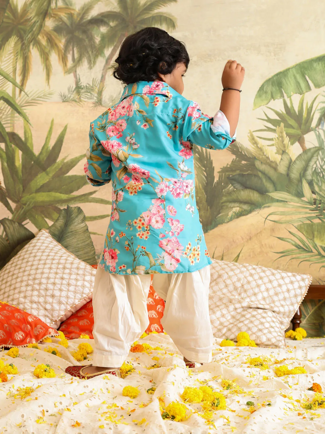 Jashvi SISHU Boy's Aqua Floral Printed Kurta Patiala Set