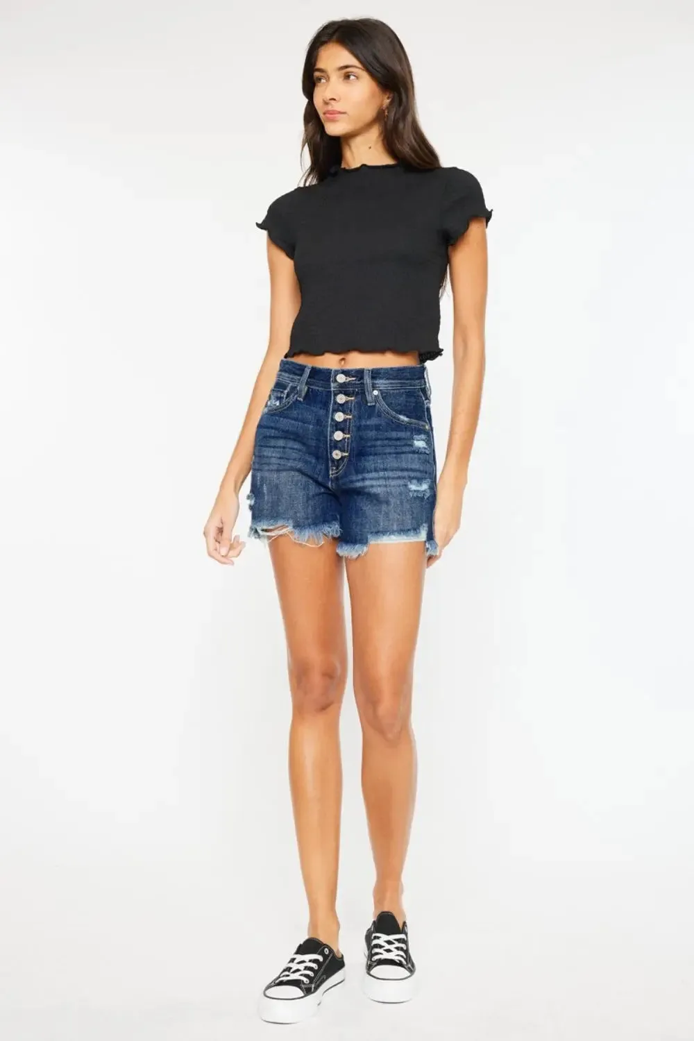 Kancan Raw Hem Button-Fly Denim Shorts