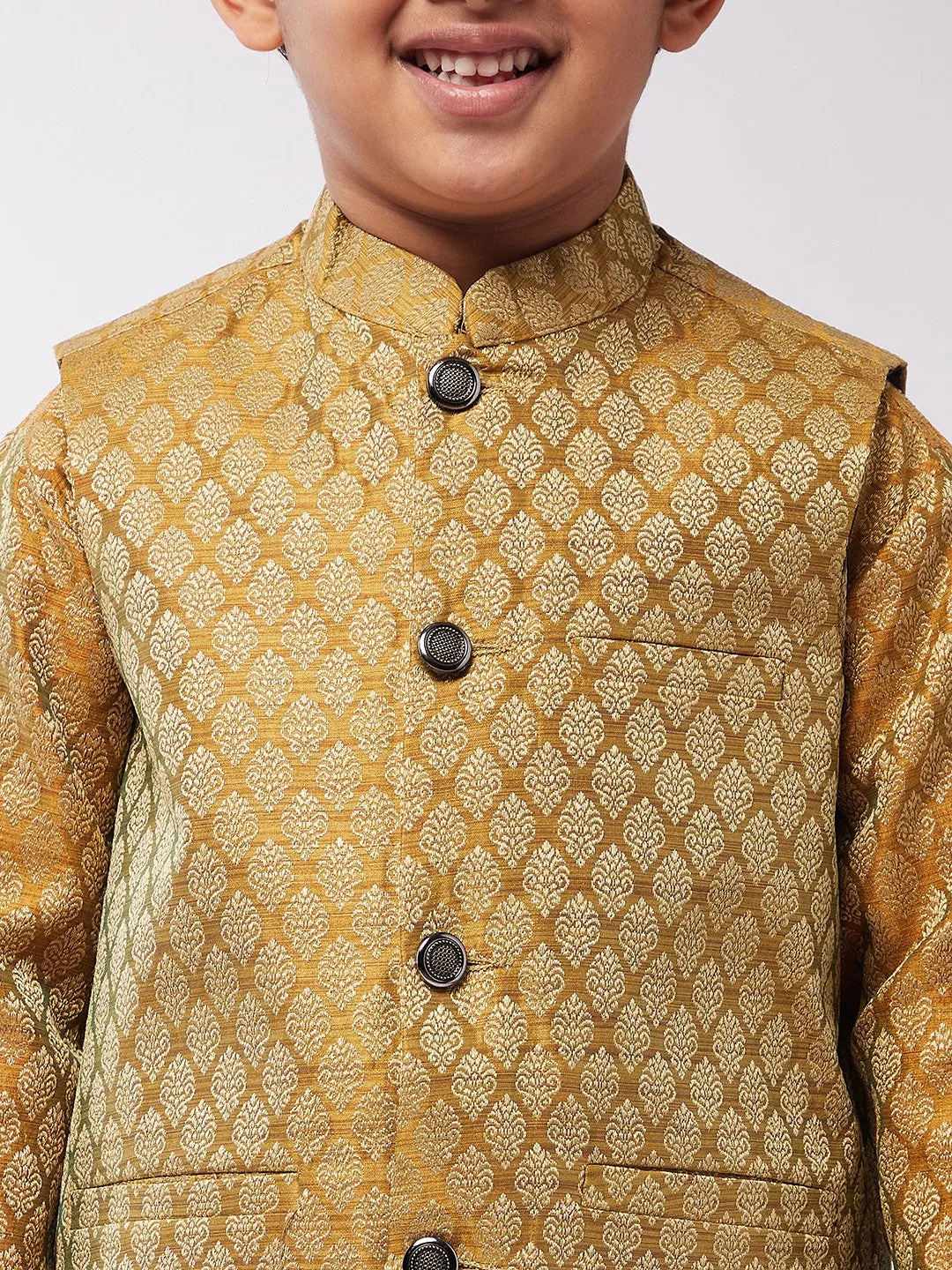 Kid's Jacquard Silk Mustard Kurta & Mustard Nehrujacket With Off-White Churidaar Pyjama Combo - Sojanya KID