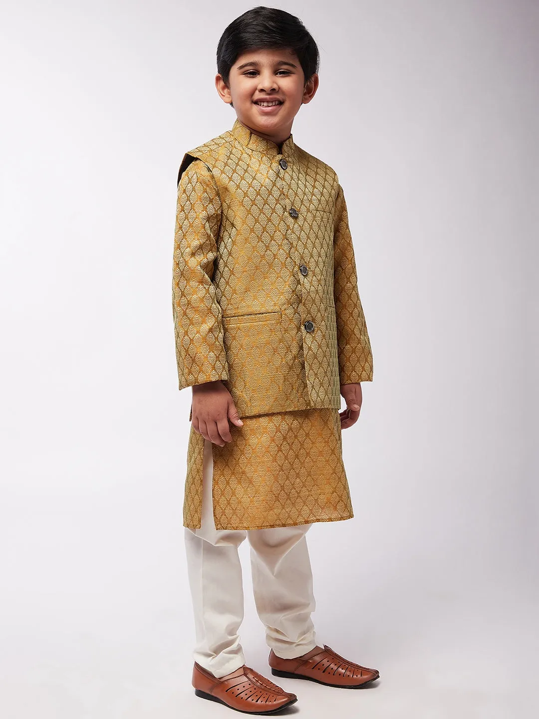 Kid's Jacquard Silk Mustard Kurta & Mustard Nehrujacket With Off-White Churidaar Pyjama Combo - Sojanya KID