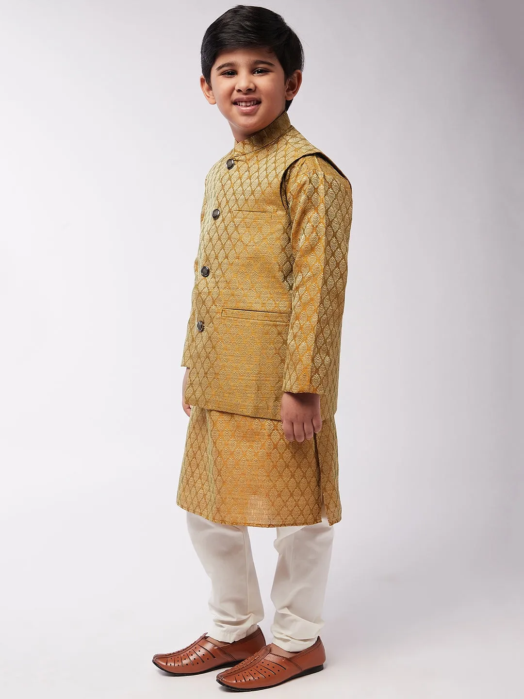 Kid's Jacquard Silk Mustard Kurta & Mustard Nehrujacket With Off-White Churidaar Pyjama Combo - Sojanya KID