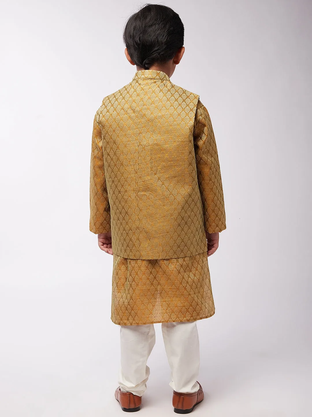 Kid's Jacquard Silk Mustard Kurta & Mustard Nehrujacket With Off-White Churidaar Pyjama Combo - Sojanya KID