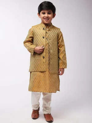 Kid's Jacquard Silk Mustard Kurta & Mustard Nehrujacket With Off-White Churidaar Pyjama Combo - Sojanya KID