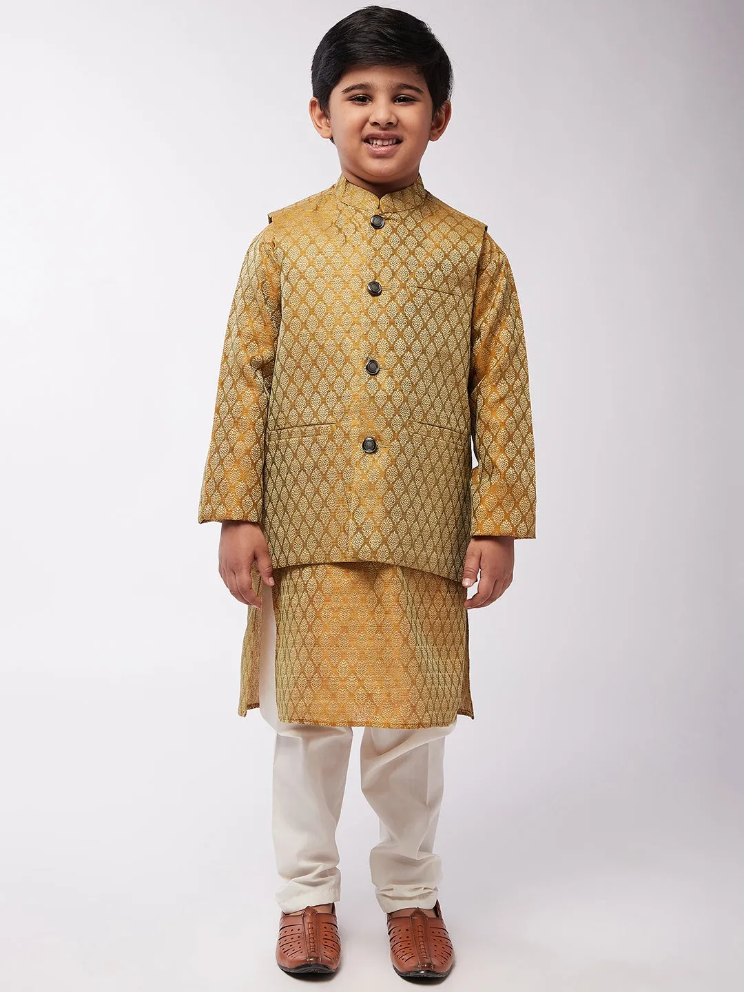 Kid's Jacquard Silk Mustard Kurta & Mustard Nehrujacket With Off-White Churidaar Pyjama Combo - Sojanya KID