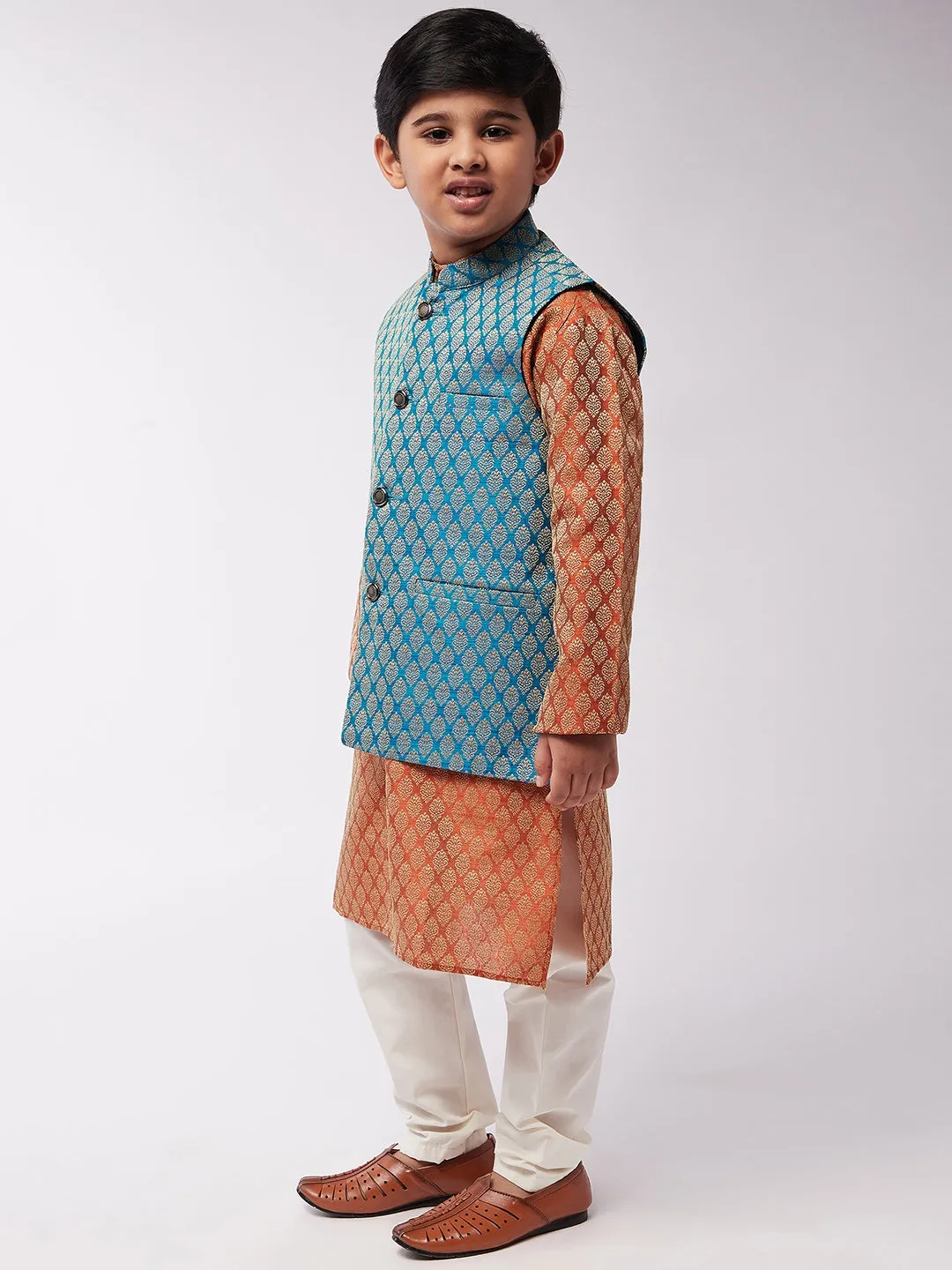 Kid's Jacquard Silk Orange Kurta & Peacock Blue Nehrujacket With Off-White Churidaar Pyjama Combo - Sojanya KID