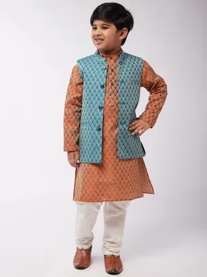 Kid's Jacquard Silk Orange Kurta & Peacock Blue Nehrujacket With Off-White Churidaar Pyjama Combo - Sojanya KID