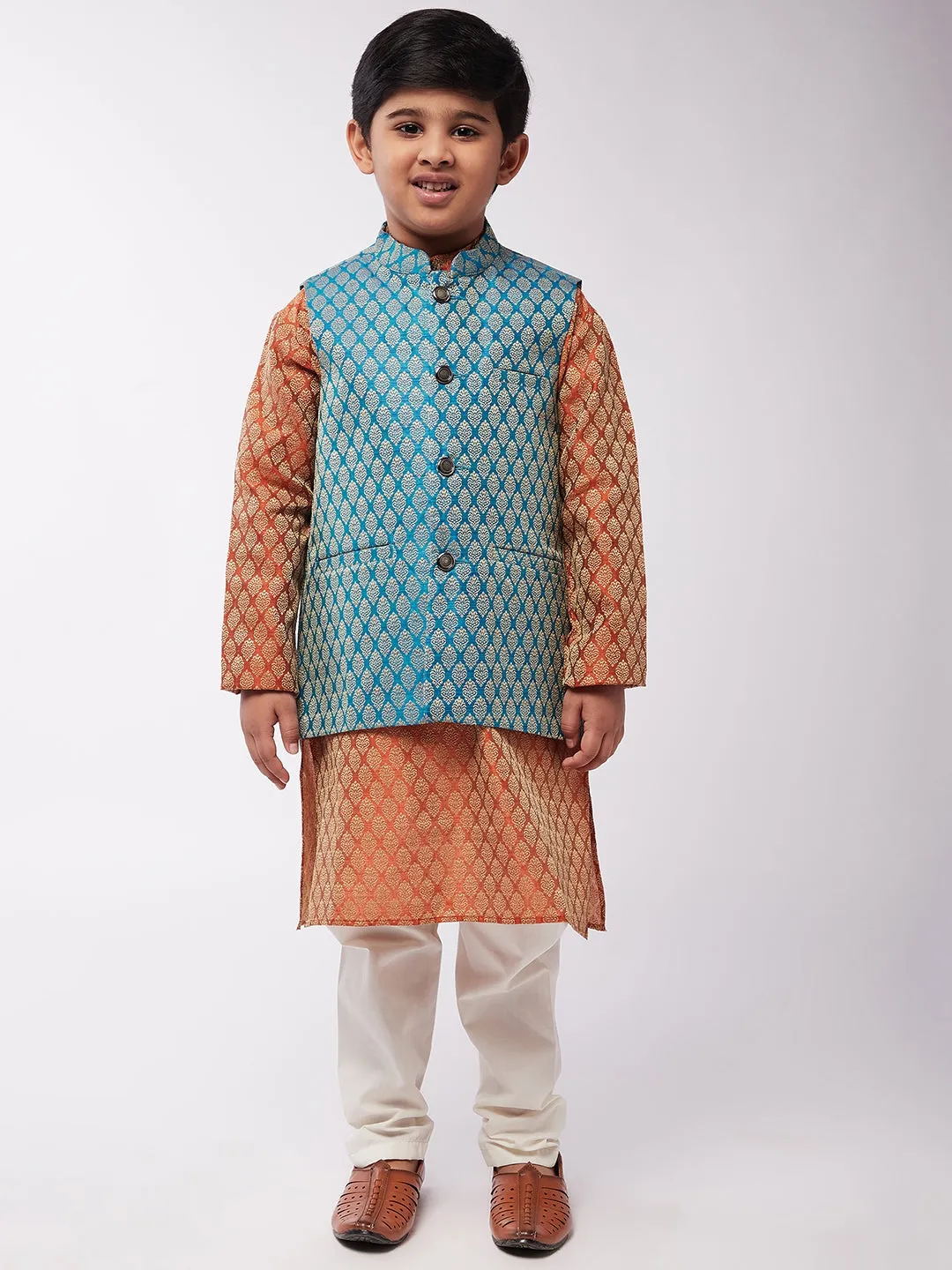 Kid's Jacquard Silk Orange Kurta & Peacock Blue Nehrujacket With Off-White Churidaar Pyjama Combo - Sojanya KID