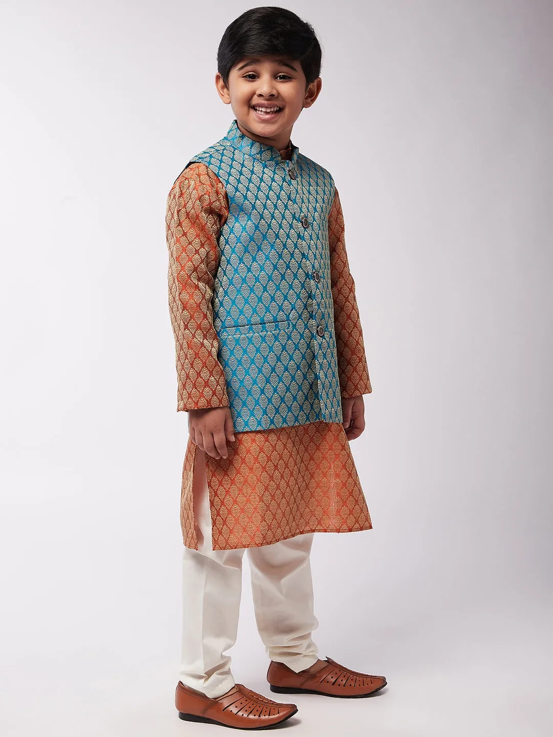 Kid's Jacquard Silk Orange Kurta & Peacock Blue Nehrujacket With Off-White Churidaar Pyjama Combo - Sojanya KID