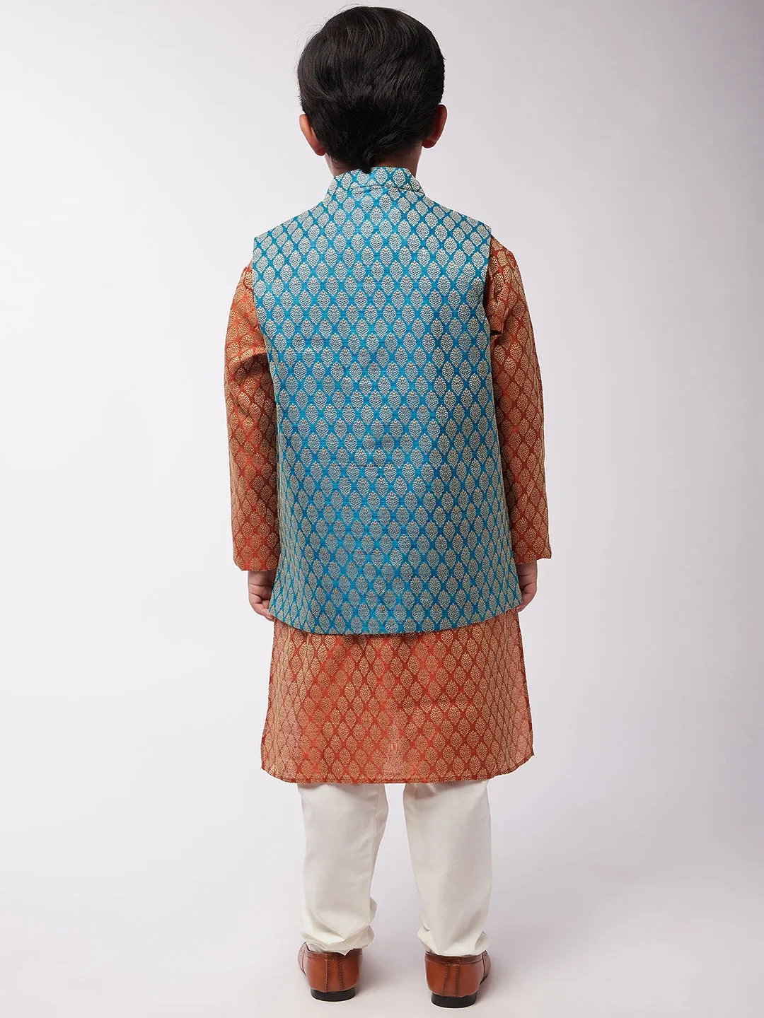 Kid's Jacquard Silk Orange Kurta & Peacock Blue Nehrujacket With Off-White Churidaar Pyjama Combo - Sojanya KID