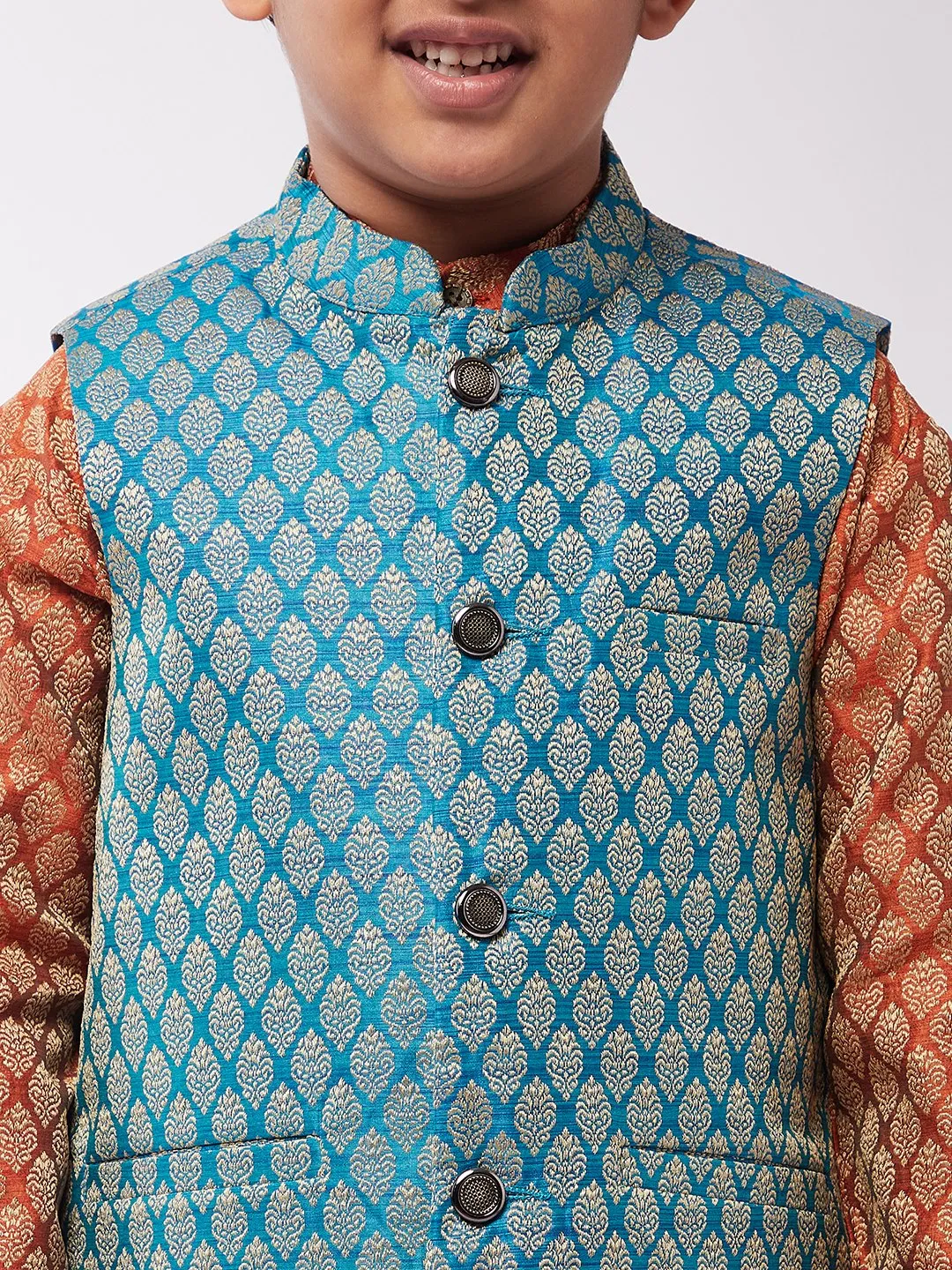 Kid's Jacquard Silk Orange Kurta & Peacock Blue Nehrujacket With Off-White Churidaar Pyjama Combo - Sojanya KID