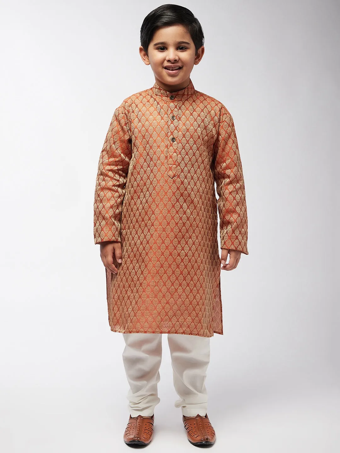 Kid's Jacquard Silk Orange Self design Kurta & Off-White Churidar Pyjama Set - Sojanya KID