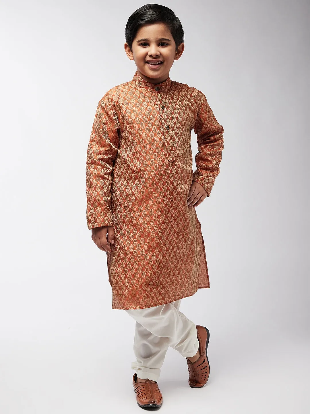 Kid's Jacquard Silk Orange Self design Kurta & Off-White Churidar Pyjama Set - Sojanya KID