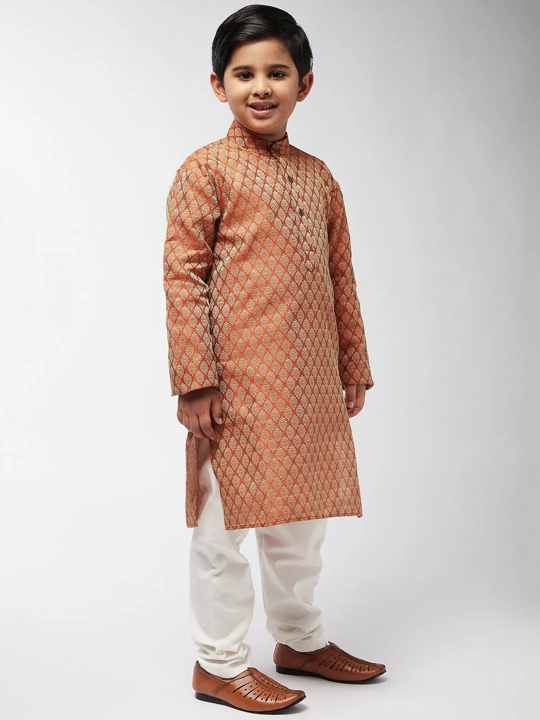 Kid's Jacquard Silk Orange Self design Kurta & Off-White Churidar Pyjama Set - Sojanya KID