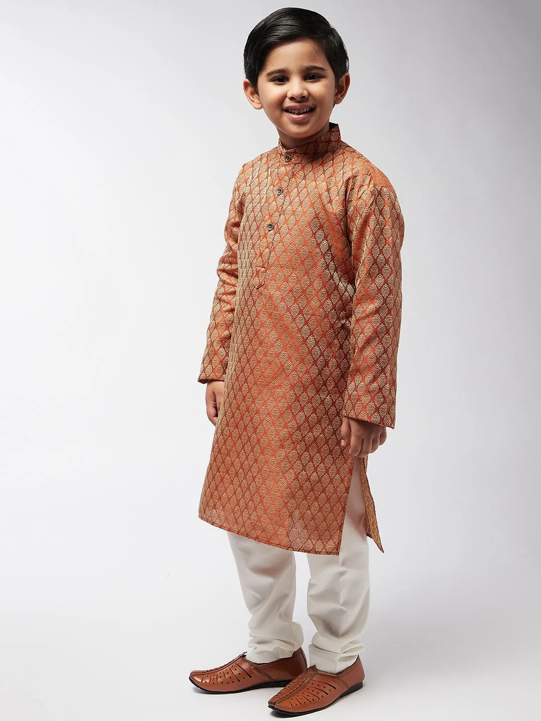 Kid's Jacquard Silk Orange Self design Kurta & Off-White Churidar Pyjama Set - Sojanya KID