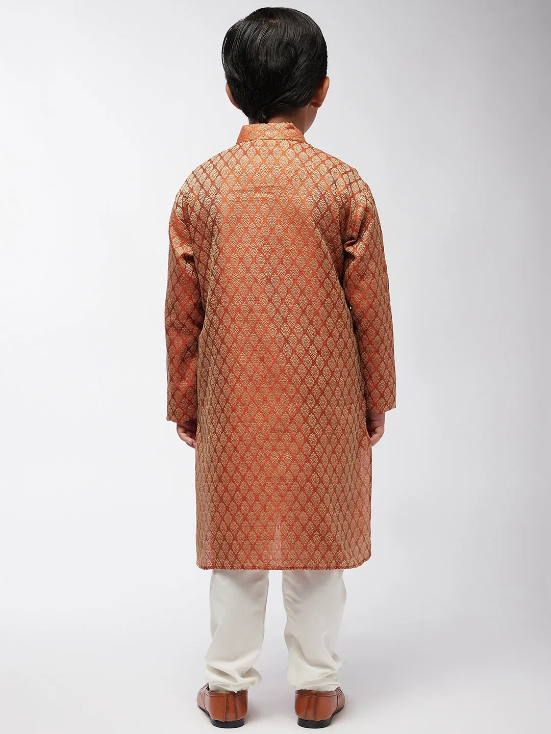 Kid's Jacquard Silk Orange Self design Kurta & Off-White Churidar Pyjama Set - Sojanya KID