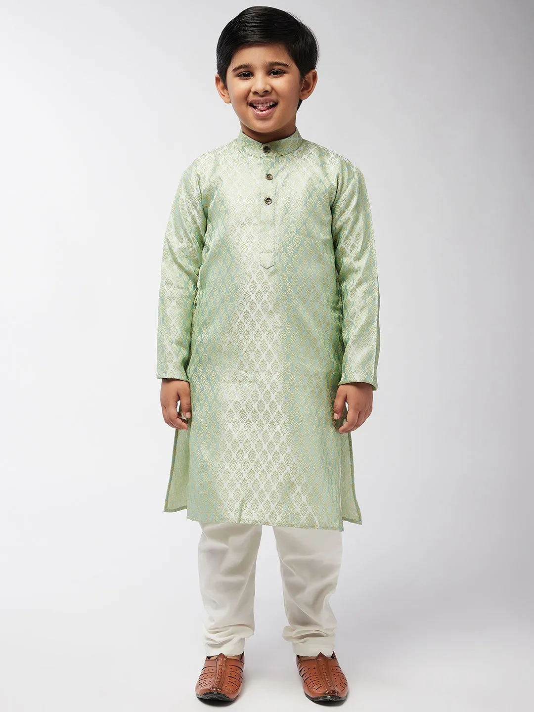 Kid's Jacquard Silk Pista Green Self design Kurta & Off-White Churidar Pyjama Set - Sojanya KID