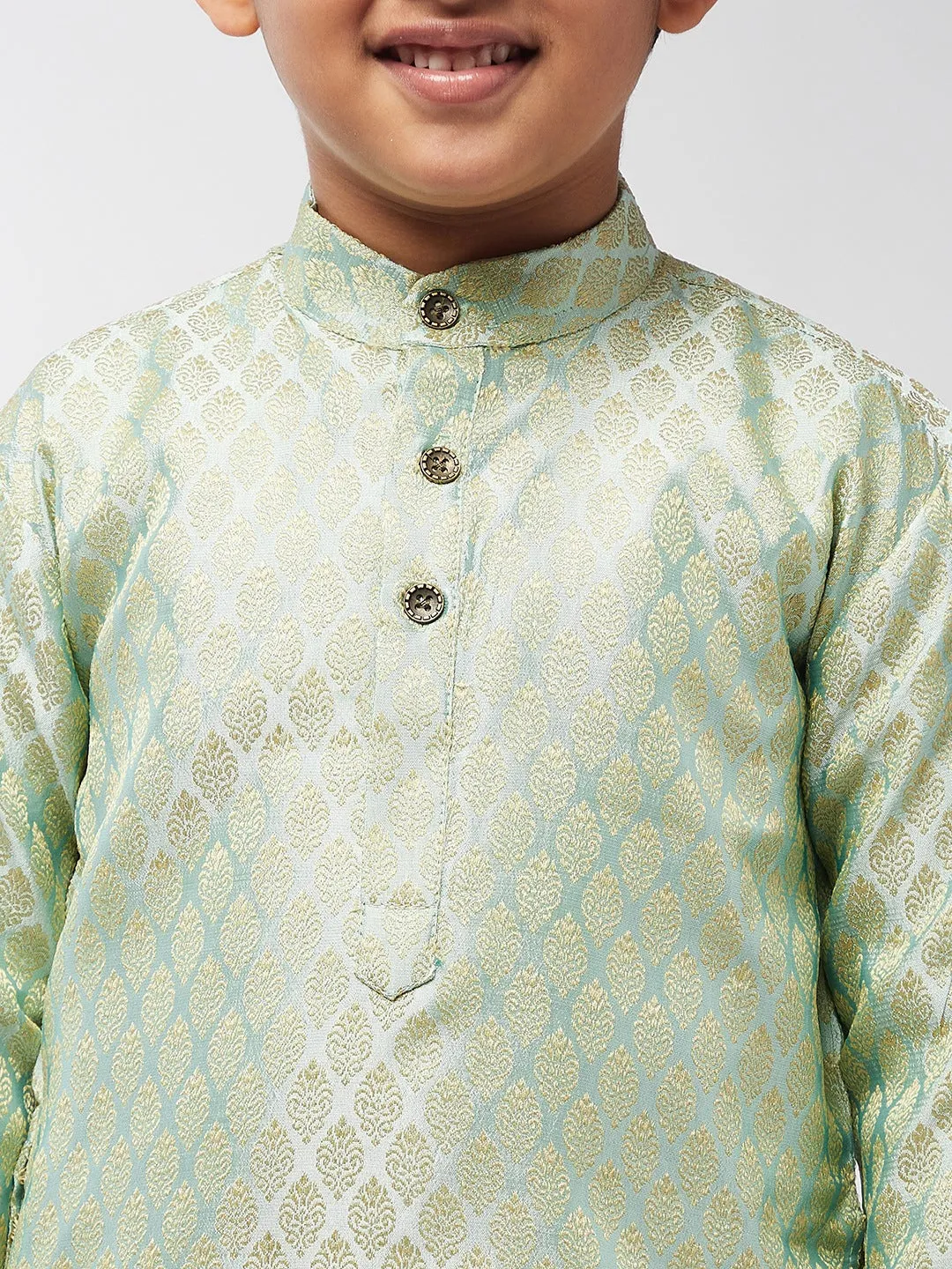 Kid's Jacquard Silk Pista Green Self design Kurta & Off-White Churidar Pyjama Set - Sojanya KID