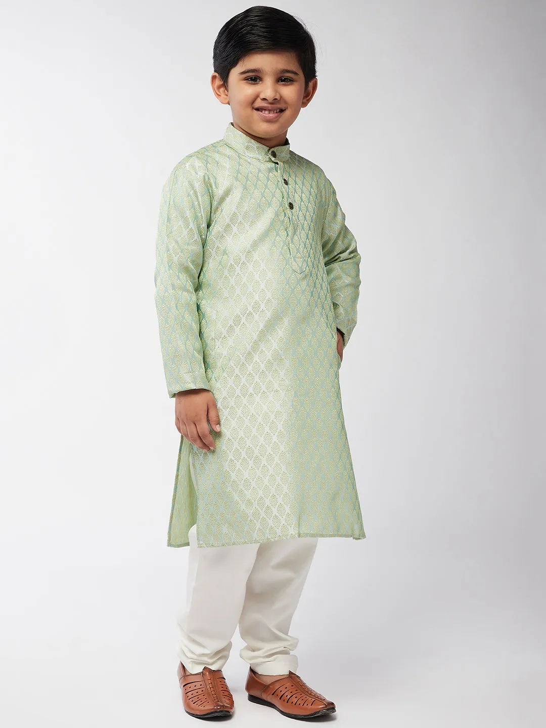 Kid's Jacquard Silk Pista Green Self design Kurta & Off-White Churidar Pyjama Set - Sojanya KID