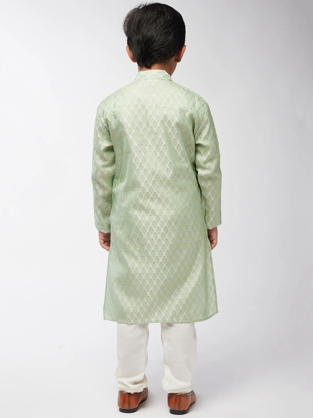 Kid's Jacquard Silk Pista Green Self design Kurta & Off-White Churidar Pyjama Set - Sojanya KID