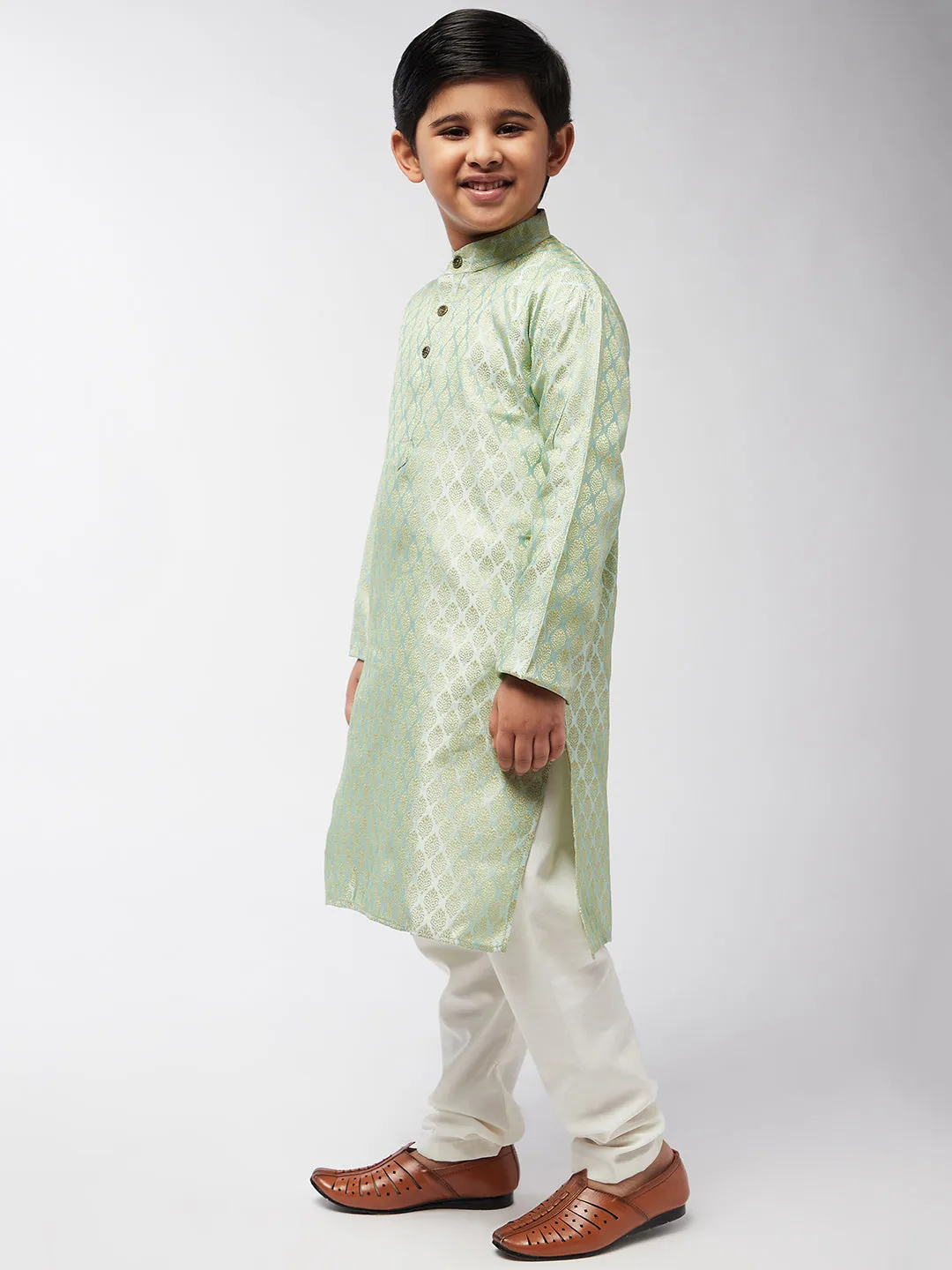 Kid's Jacquard Silk Pista Green Self design Kurta & Off-White Churidar Pyjama Set - Sojanya KID